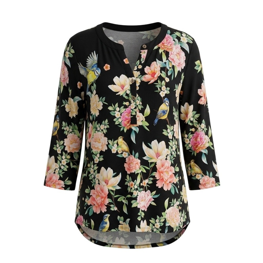 Johnny Was Black Floral and Bird Print Rayon Spandex Henley Tunic Top Large